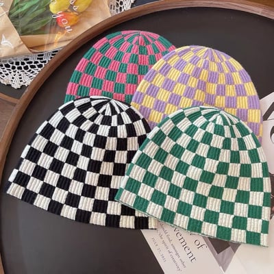 韓國棋盤格針織毛帽1