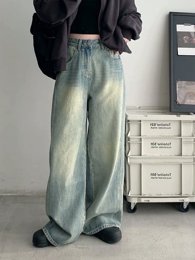 韓國百搭水洗淺藍落地牛仔褲1