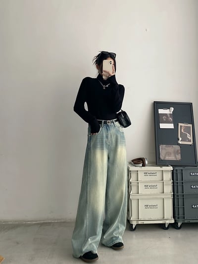 韓國百搭水洗淺藍落地牛仔褲5