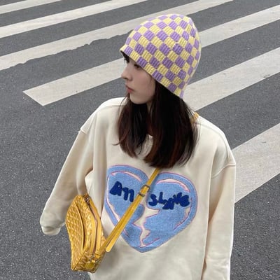 韓國棋盤格針織毛帽3