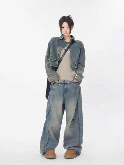 韓國顯瘦線條漸層落地牛仔褲4