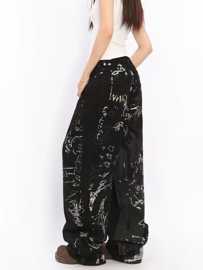 ♡韓國塗鴉質感黑色牛仔褲♡3