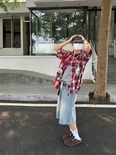 ♡韓國拼貼紅格紋短袖襯衫♡2