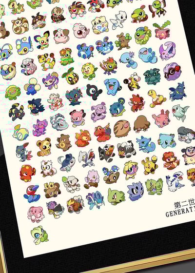 【週邊】千鳥社-精靈寶可夢二世代圖鑑皮卡丘瑪力露麗波克比裝飾畫3