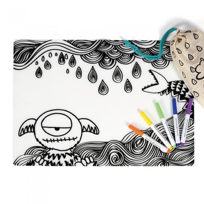 澳洲amoramor 獨眼怪獸塗鴉矽膠餐桌墊套件組(含5色塗鴉筆)1