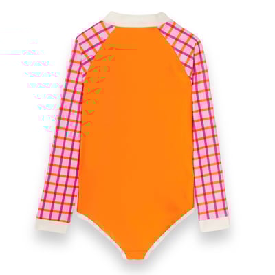 法國KiETLA ICONIK 女童長袖連身防曬泳衣(陽光橘格)2