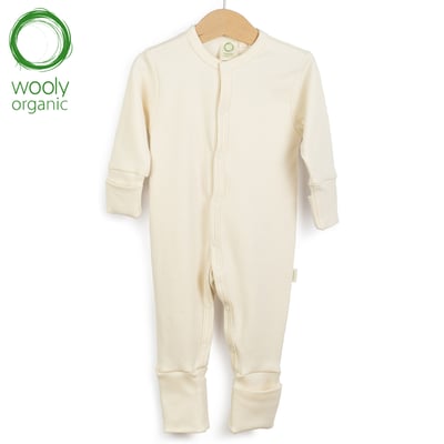 WoolyOrganic有機棉絨 前開襟長袖連身褲(原色米)1