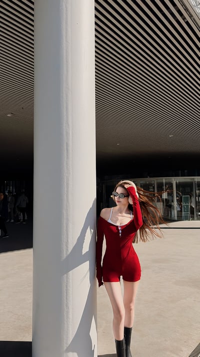 2026PILATES好身材排扣磨毛連體褲套裝(附BRATOP) 紅1