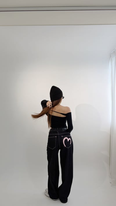 Xmas愛心潑漆原色牛仔長褲3