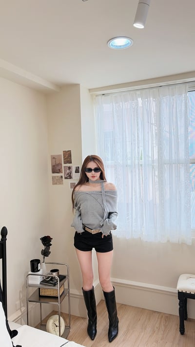 Xmas 暖呼呼一字大翻領針織毛衣(附圍脖) 灰2