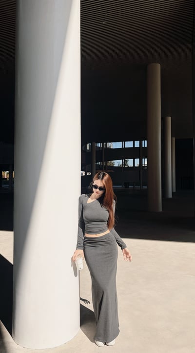 2026PILATES自留款保暖內刷毛斜領長裙套裝 深灰4