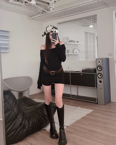 COZY必收側抓皺上衣+褲裙套裝(附腰帶) 黑8