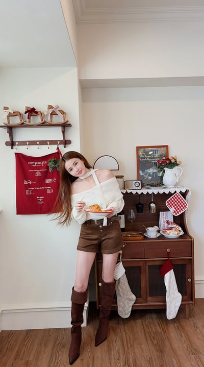 Xmas 暖呼呼一字大翻領針織毛衣(附圍脖) 米白2