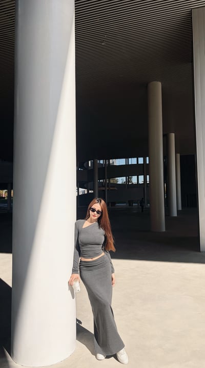 2026PILATES自留款保暖內刷毛斜領長裙套裝 深灰2