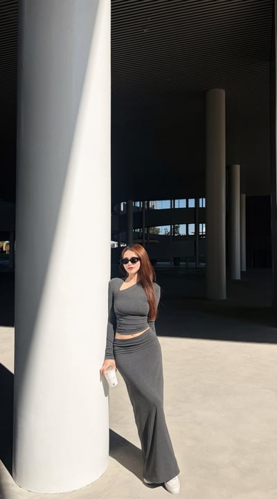 2026PILATES自留款保暖內刷毛斜領長裙套裝 深灰3