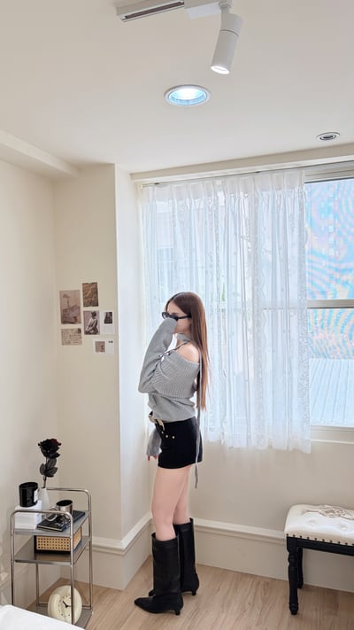 Xmas 暖呼呼一字大翻領針織毛衣(附圍脖) 灰3