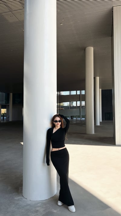 2026PILATES自留款保暖內刷毛斜領長裙套裝 黑1