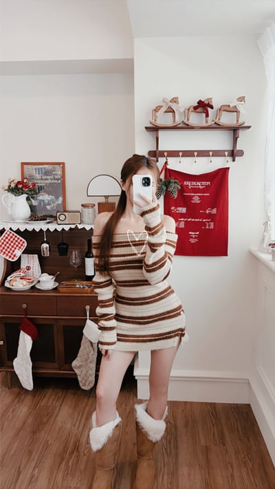 Xmas聖誕氣質條紋一字領針織洋裝7