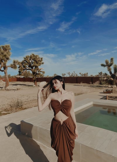 LA沙漠度假魚骨咖色長裙套裝5