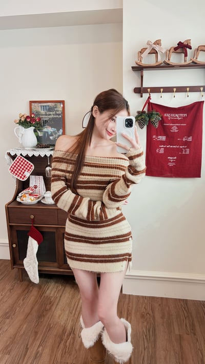 Xmas聖誕氣質條紋一字領針織洋裝1