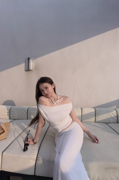 Summery度假仙女露肩扭結長裙套裝3