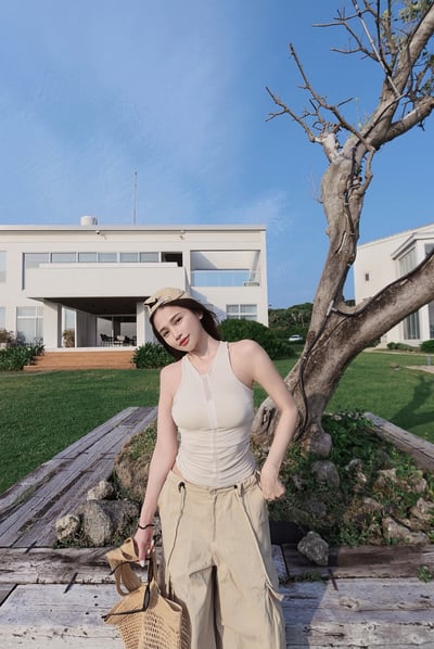 Summery網紗拼接削肩背心1