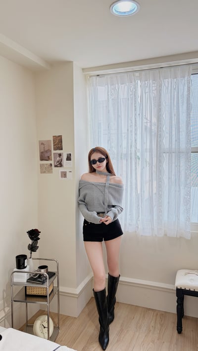 Xmas 暖呼呼一字大翻領針織毛衣(附圍脖) 灰4