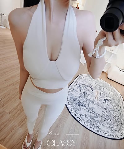 高質感繞脖瑜珈套裝 米白2