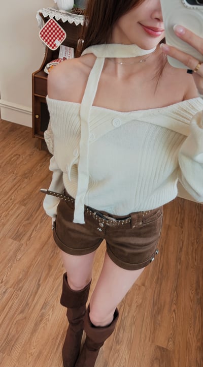 Xmas 暖呼呼一字大翻領針織毛衣(附圍脖) 米白5