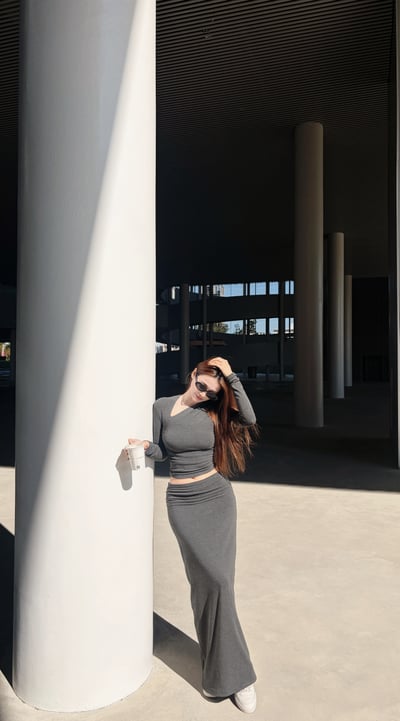 2026PILATES自留款保暖內刷毛斜領長裙套裝 深灰1