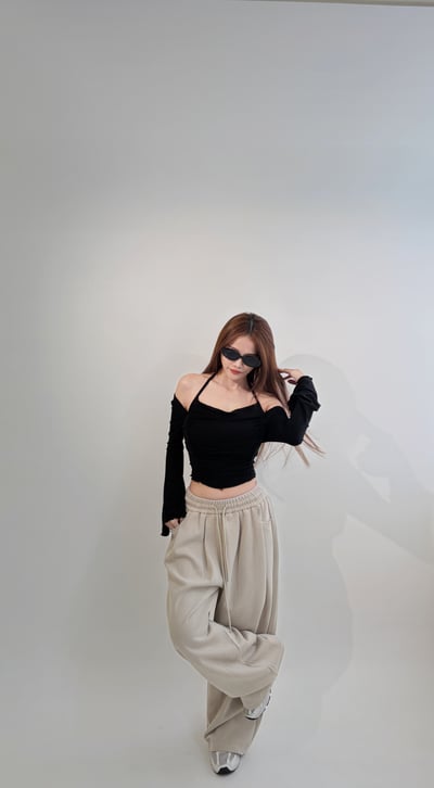 Xmas高級Jennie厚磅彎刀棉褲 灰杏3