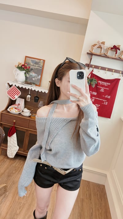 Xmas 暖呼呼一字大翻領針織毛衣(附圍脖) 灰5