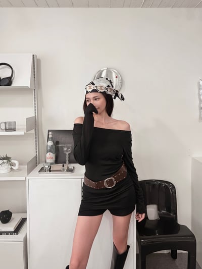 COZY必收側抓皺上衣+褲裙套裝(附腰帶) 黑4