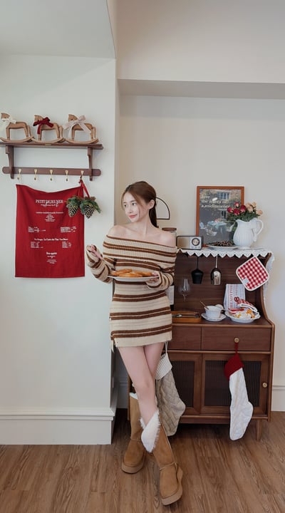 Xmas聖誕氣質條紋一字領針織洋裝5