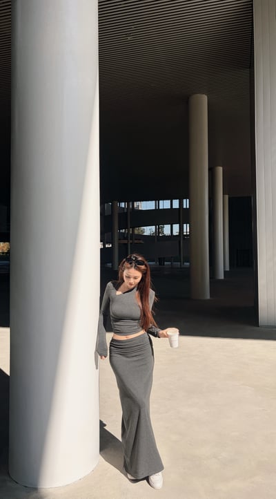 2026PILATES自留款保暖內刷毛斜領長裙套裝 深灰5