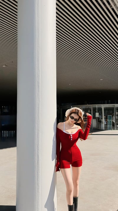 2026PILATES好身材排扣磨毛連體褲套裝(附BRATOP) 紅2