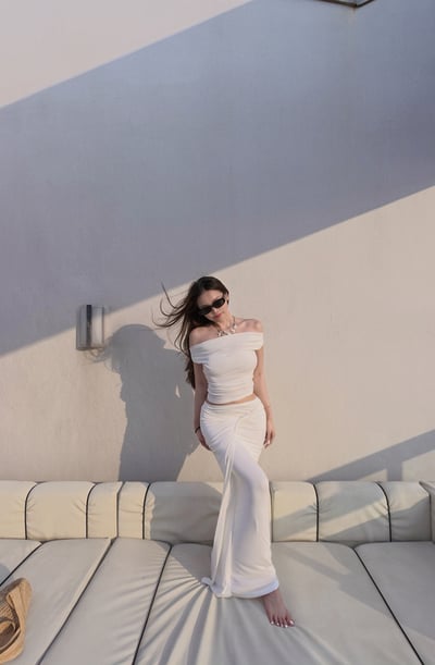 Summery度假仙女露肩扭結長裙套裝5