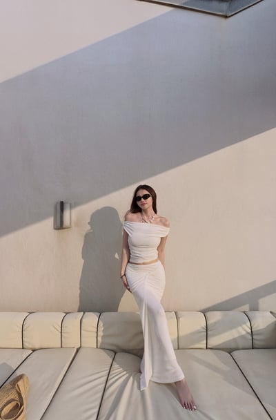 Summery度假仙女露肩扭結長裙套裝1