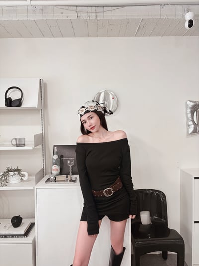 COZY必收側抓皺上衣+褲裙套裝(附腰帶) 黑2