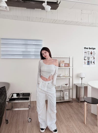 COZY露肩抽繩設計感長袖Bratop 花灰4