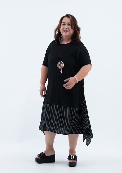 SEDA 超大尺碼圓領短袖下擺不規則條紋剪接~胸圍60英吋~11150054