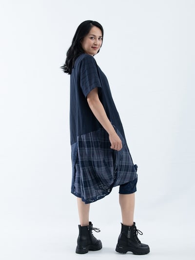 SEDA 大尺碼圓領短袖下擺剪接格子配布加長上衣兼洋裝11150115