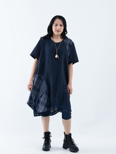 SEDA 大尺碼圓領短袖下擺剪接格子配布加長上衣兼洋裝11150117