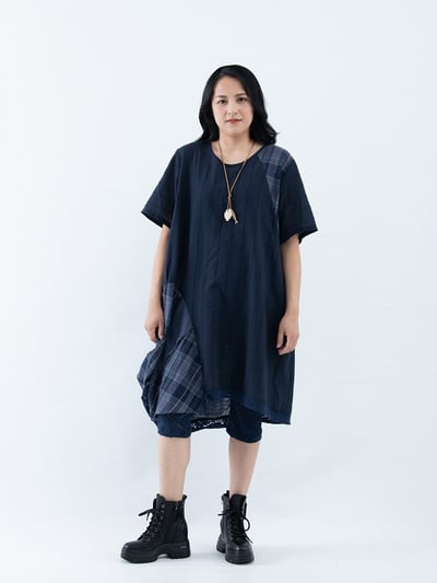 SEDA 大尺碼圓領短袖下擺剪接格子配布加長上衣兼洋裝11150114