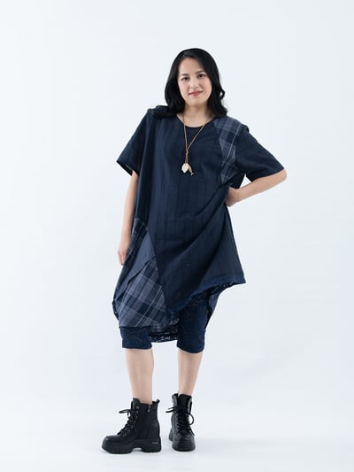 SEDA 大尺碼圓領短袖下擺剪接格子配布加長上衣兼洋裝111501110