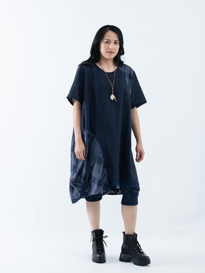 SEDA 大尺碼圓領短袖下擺剪接格子配布加長上衣兼洋裝111501111