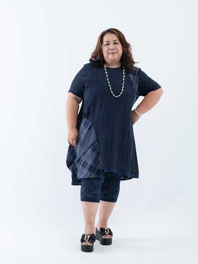 SEDA 大尺碼圓領短袖下擺剪接格子配布加長上衣兼洋裝111501113