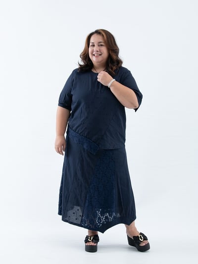 SEDA 超大尺碼圓領短袖拼接下擺蕾絲上衣11110042