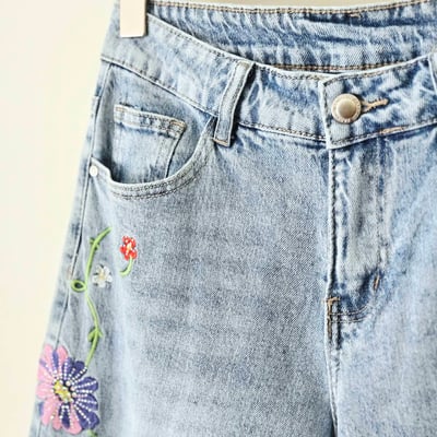 義大利製花朵刺繡水洗牛仔褲2
