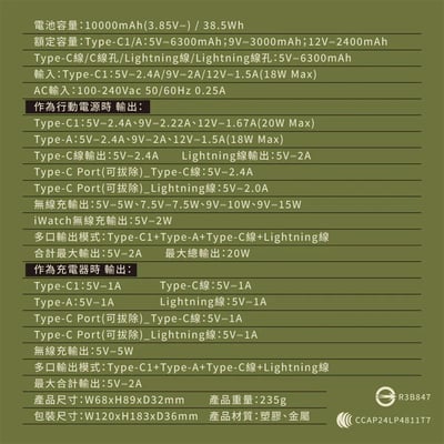 ｜KINYO｜10000mAh 9in1自帶AC萬用防爆行動電源｜18